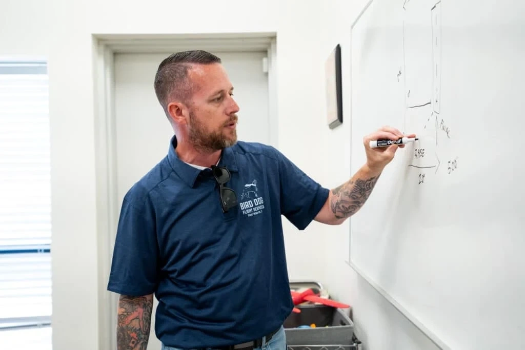 CFI teaching a ground school lesson on a whiteboard